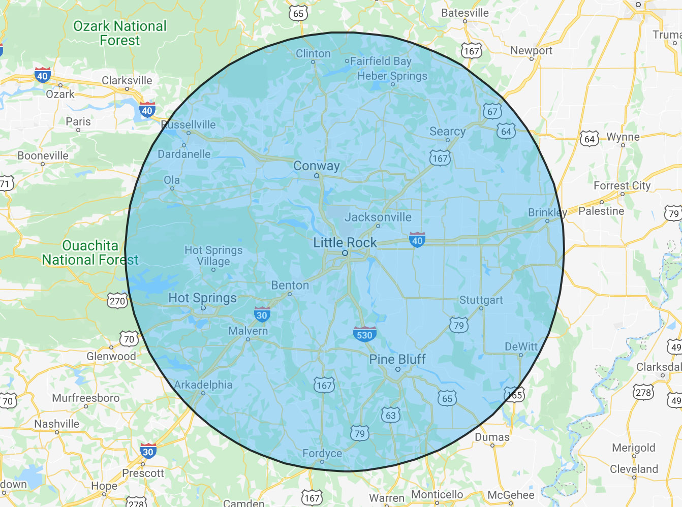 Mid Ark Roofing Service Area Map